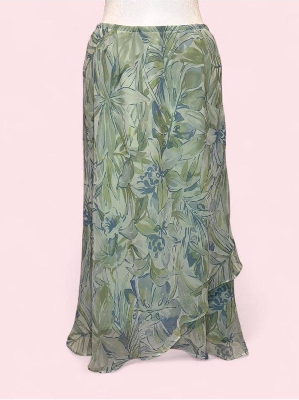 Green Floral Chiffon Maxi Skirt